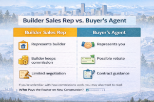 Builder sales representative vs buyer’s agent comparison graphic for new construction homes in Colorado