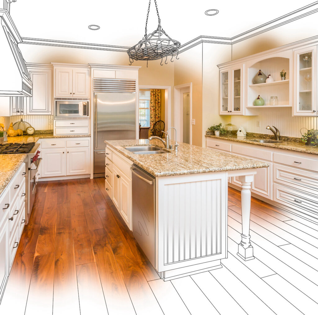 Beautiful Custom Kitchen Design Drawing and Brushed In Photo Combination.