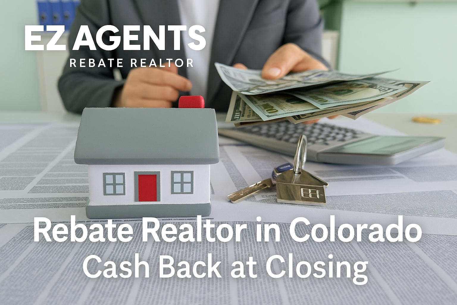 Close-up of a real estate agent counting cash with a model house, house keys, and home purchase documents on the table.