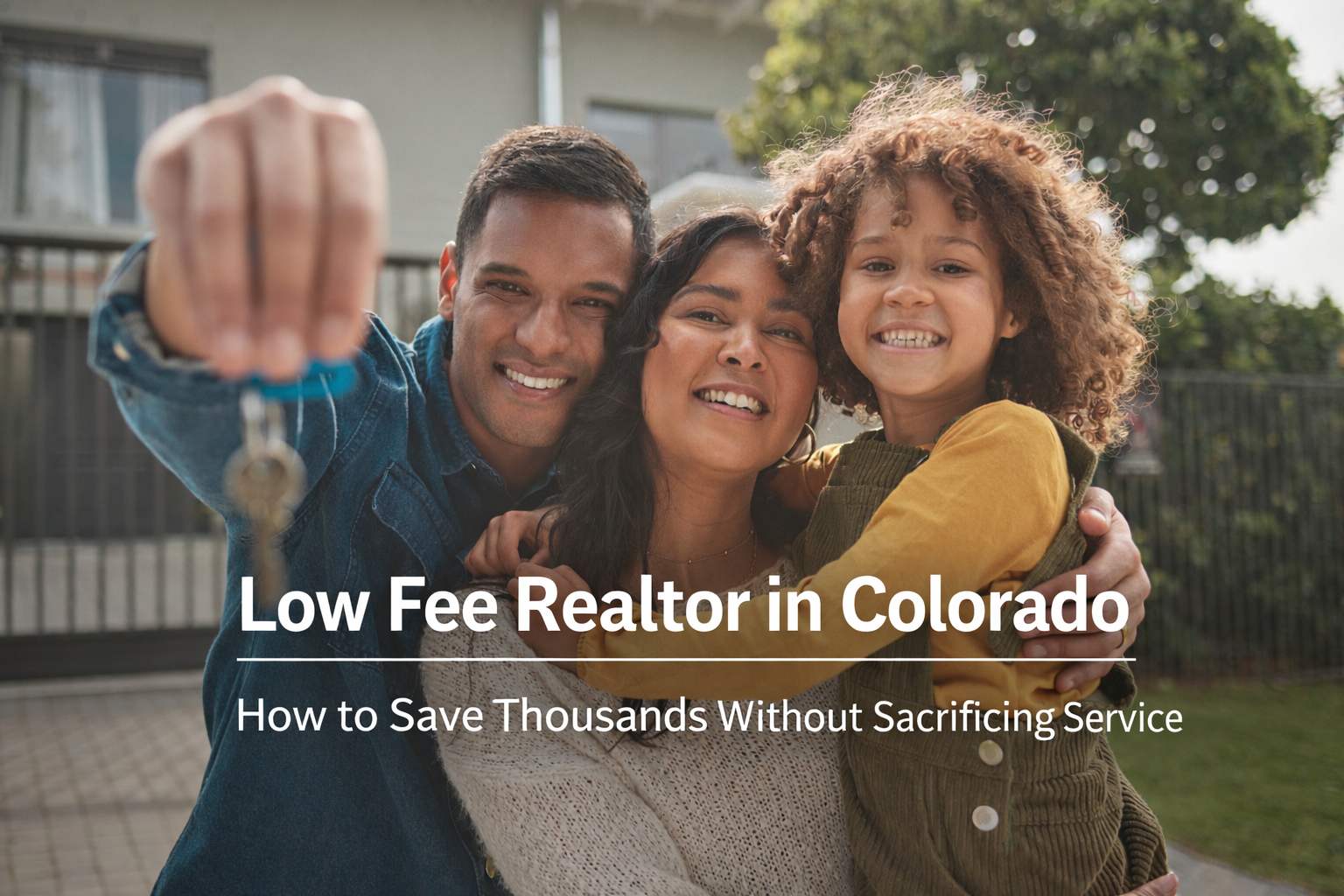Colorado family celebrating new home purchase with keys – low fee realtor and buyer commission rebate savings