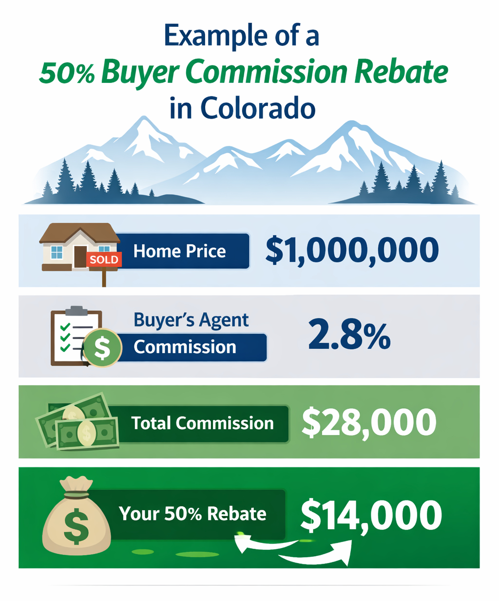 Buyer commission rebate example showing 50 percent rebate on a Colorado home purchase