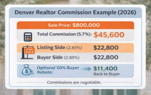 Denver Realtor commission breakdown example for $800000 home in 2026 showing total 5.7 percent commission and optional buyer rebate