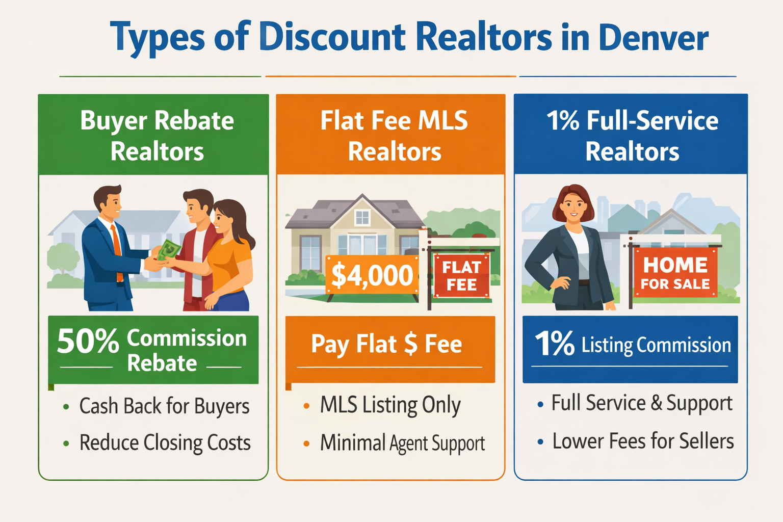 types of discount realtors in denver buyer rebate flat fee mls and 1 percent listing agent comparison