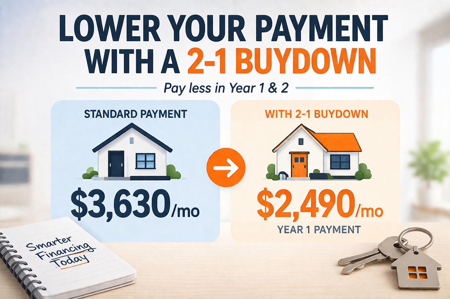 2-1 buydown example showing lower mortgage payment in year 1 compared to standard payment