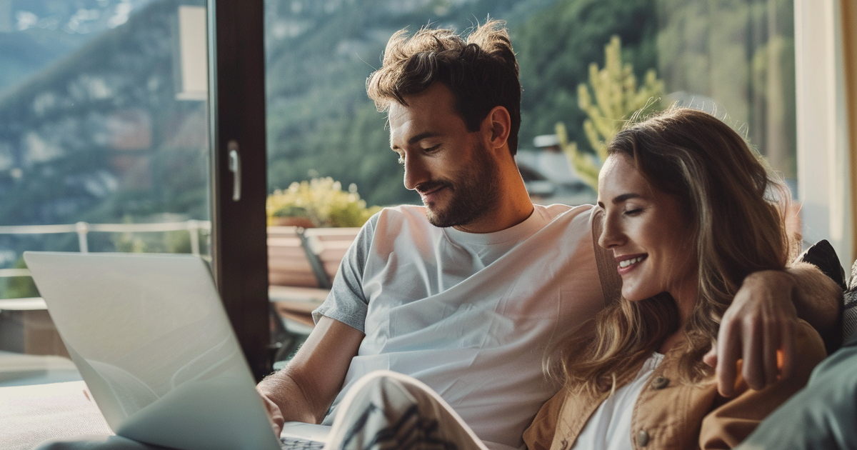 Couple searching for homes online in Denver with mountain view modern home