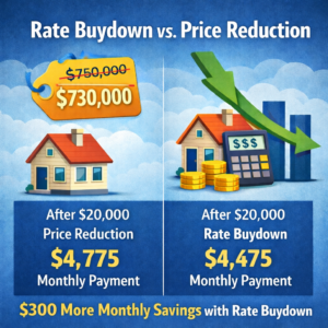 rate buydown vs price reduction comparison showing monthly payment difference using $20,000 credit on a $750,000 home