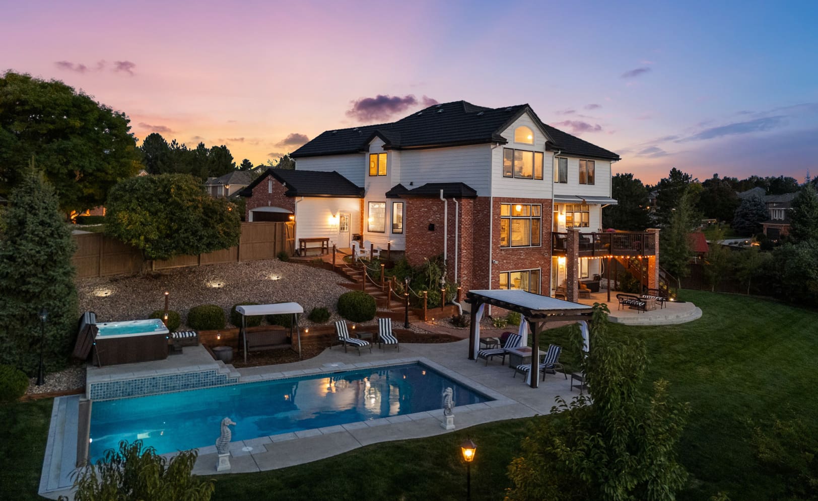 Denver luxury home with pool at sunset represented by Steve Novak EZ Agents