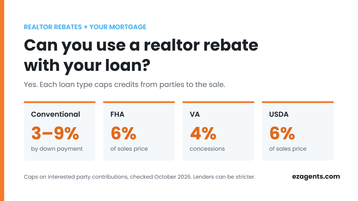 Chart of how much realtor rebate each loan type allows: conventional 3 to 9 percent by down payment, FHA 6 percent, VA 4 percent concessions, USDA 6 percent, as of October 2026
